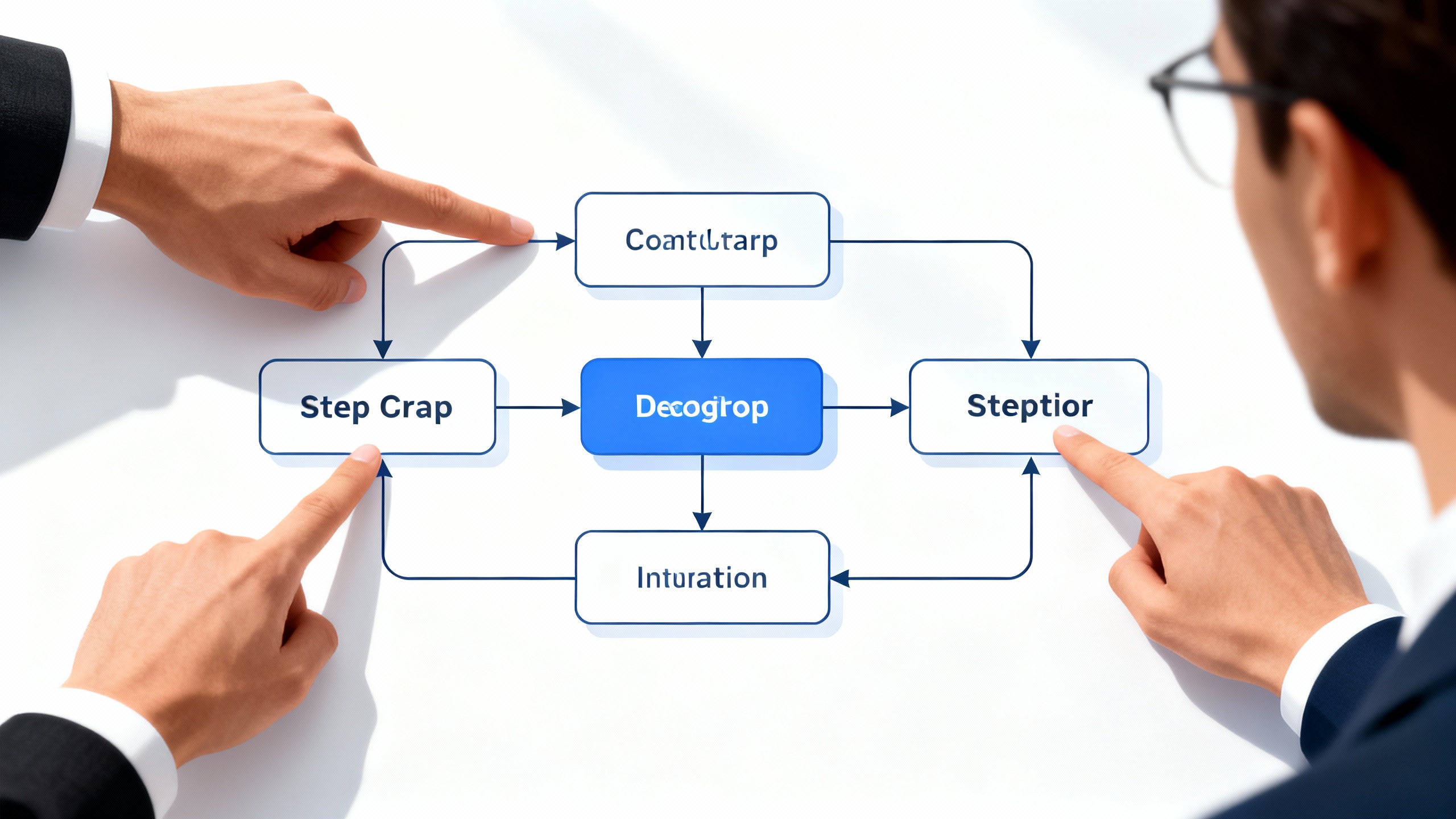 Flowchart illustrating the step-by-step process of a no-code AI call center implementation, including assessment, tool selection, building flows, testing, and monitoring.