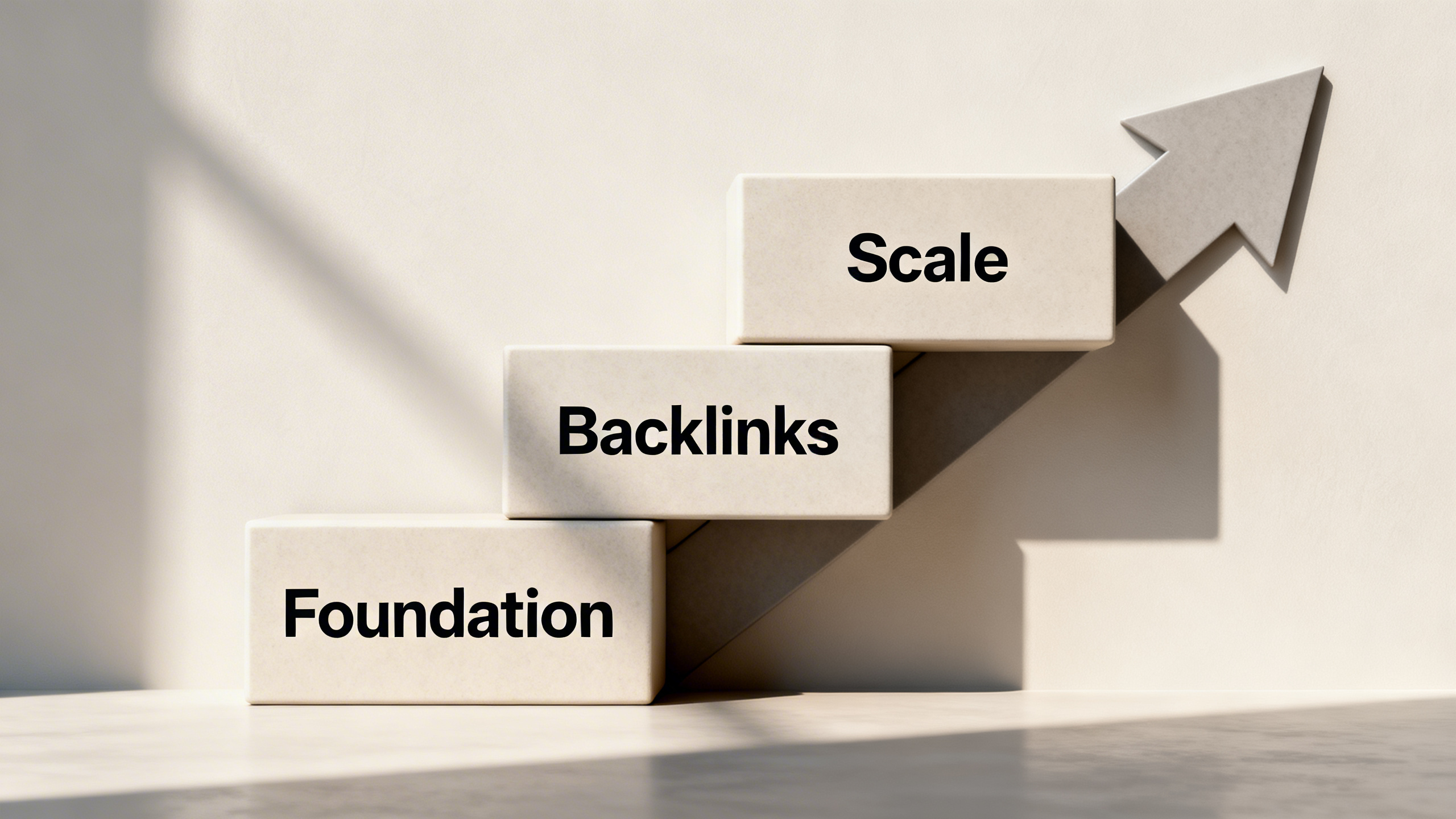 Infographic showing three stages of DR improvement: Foundation, Backlinks, Scale and Maintain, with arrows indicating flow.